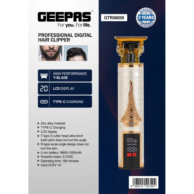 Geepas GTR56039 Professional Digital Hair Clipper – T-Blade R-Type, 180-Min Runtime, LCD Display, Type-C | Silver & Golden