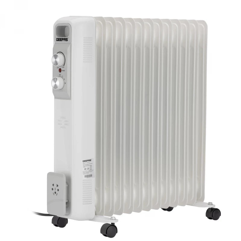 Geepas GRH28562 Oil Filled Radiator Heater – 13 Fins, 2600W, Adjustable Thermostat & Overheat Protection | White