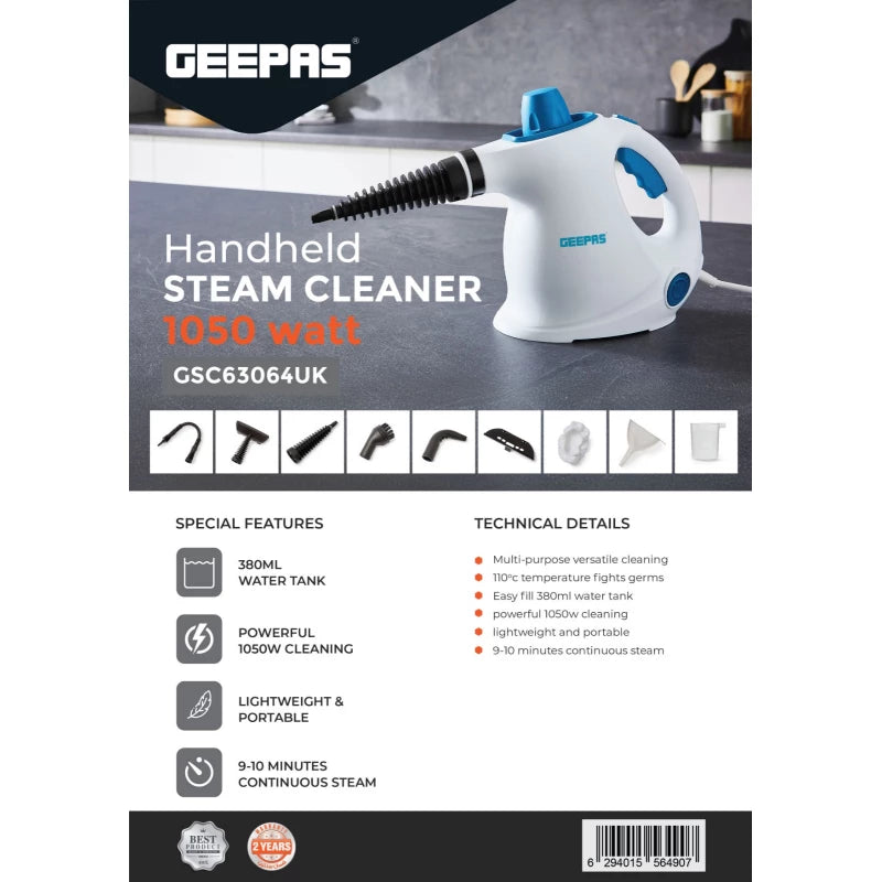 Geepas GSC63064UK Handheld Steam Cleaner – 1050W, 380ml Tank, 9 Accessories, 110°C Steam | Blue & White