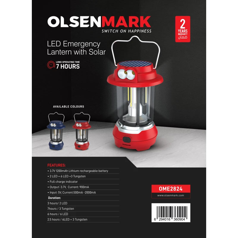 Olsenmark OME2824 LED Emergency Lantern with Solar Charging – 7 Hours Runtime | Portable | Blue | 2-Year Warranty