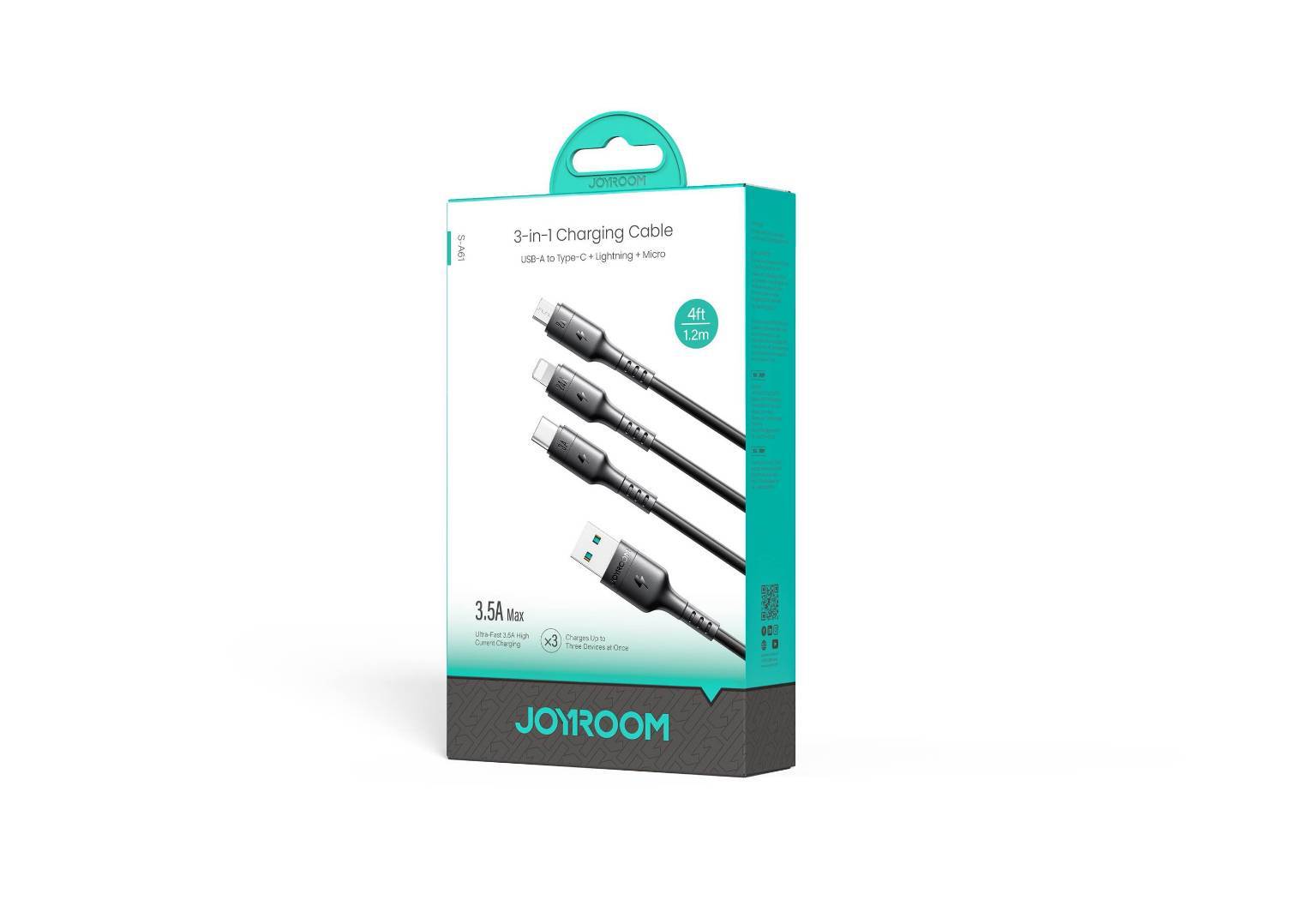 Joyroom S-A61 OmniGo Series 3.5A USB-A to Type-C, Lightning & Micro USB 3-in-1 Charging Cable – 1.2 m, Black | 12-Month Warranty
