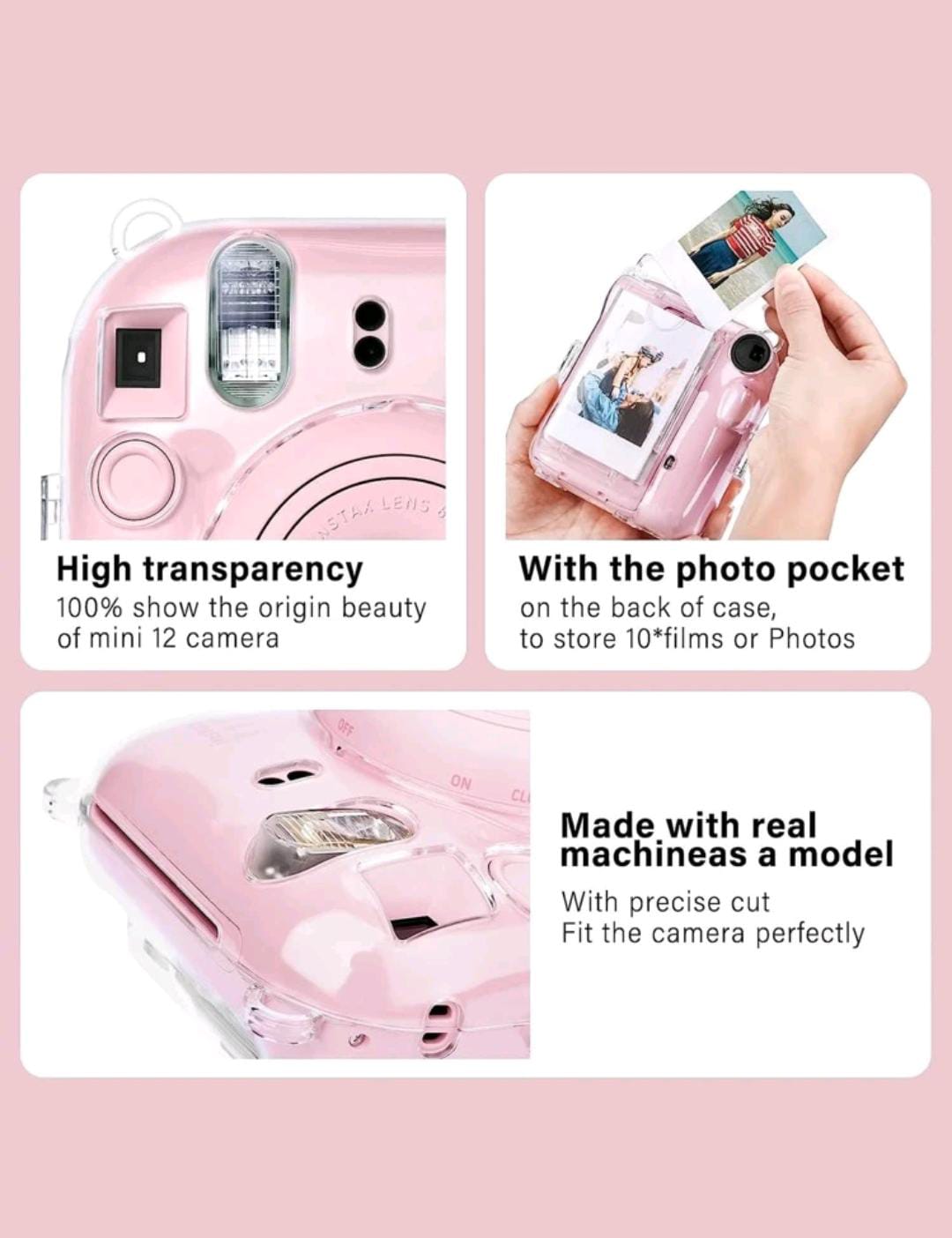 حقيبة حمل شفافة صلبة من مادة البولي فينيل كلوريد مع حزام كتف مقوس لكاميرا Instax Mini 12/Mini 12 الفورية