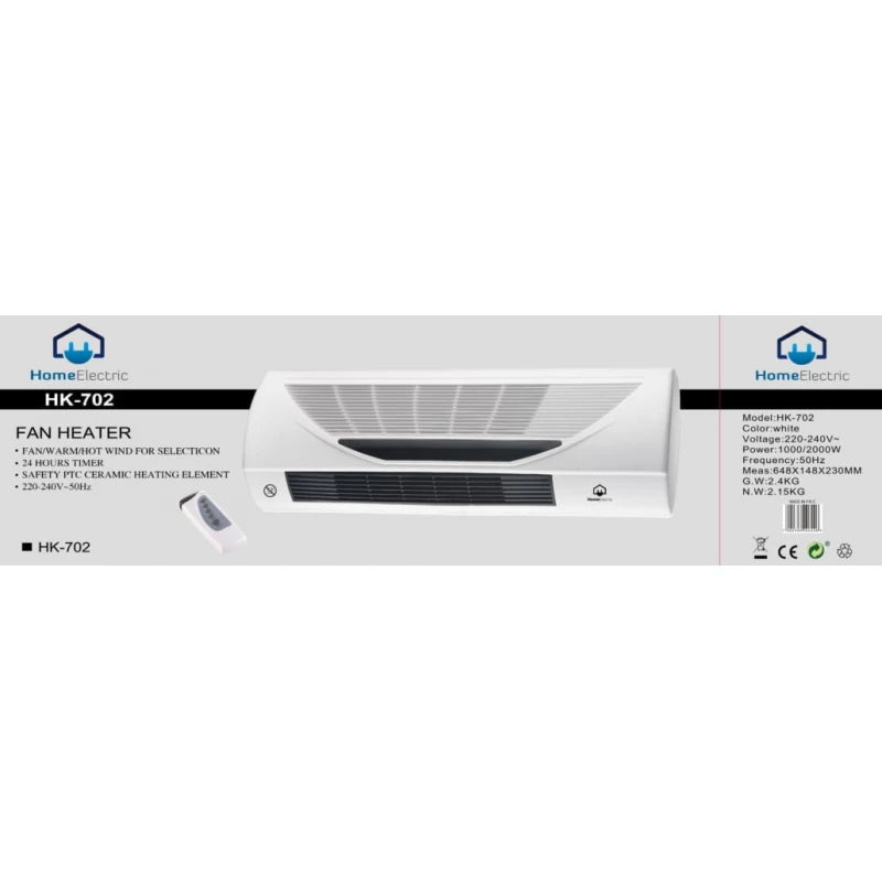 Home Electric HK-702 Wall Fan Heater | 2000W, Timer & Remote