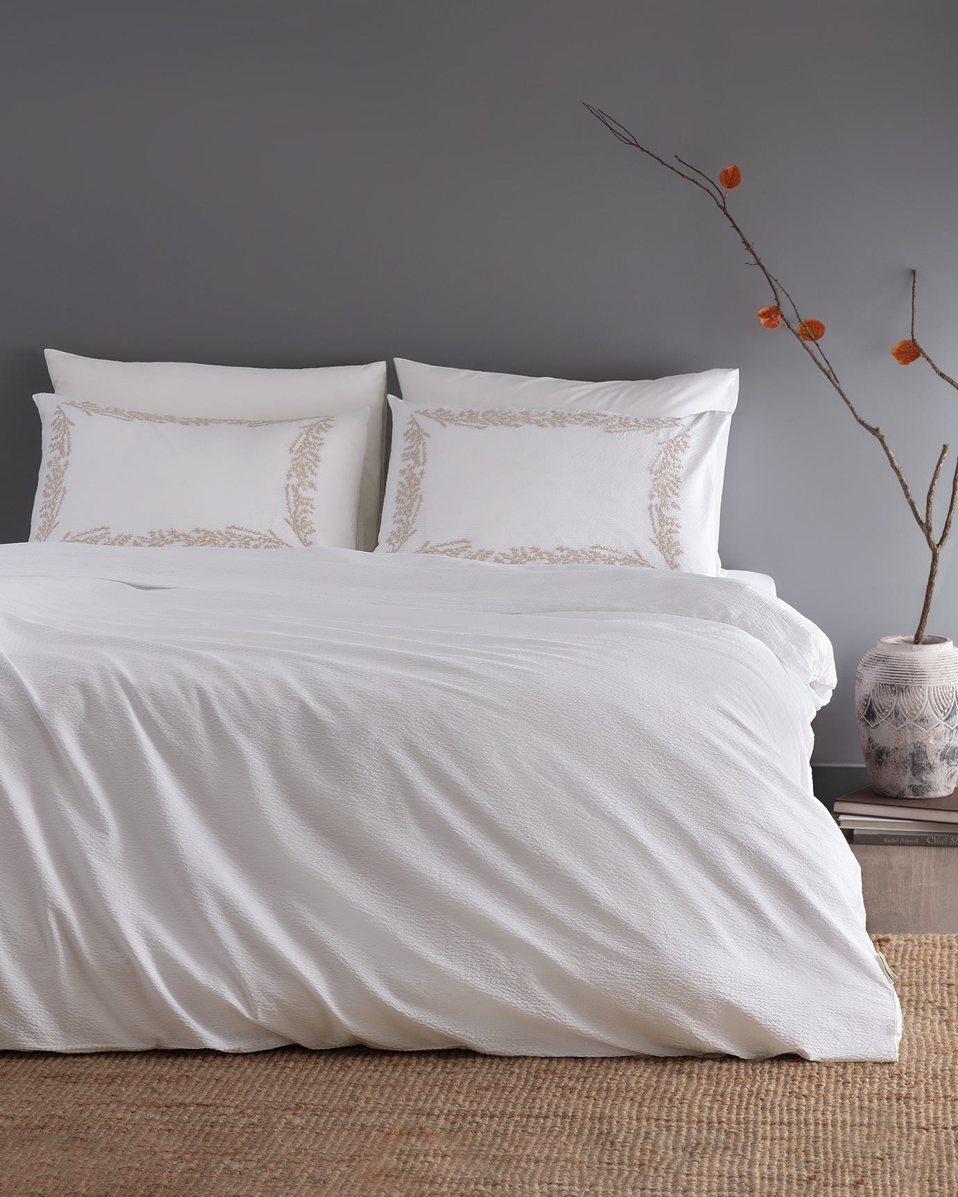 Linda Double Size Duvet Cover Set - Embroidered Washed Seersucker - Madame Coco JO