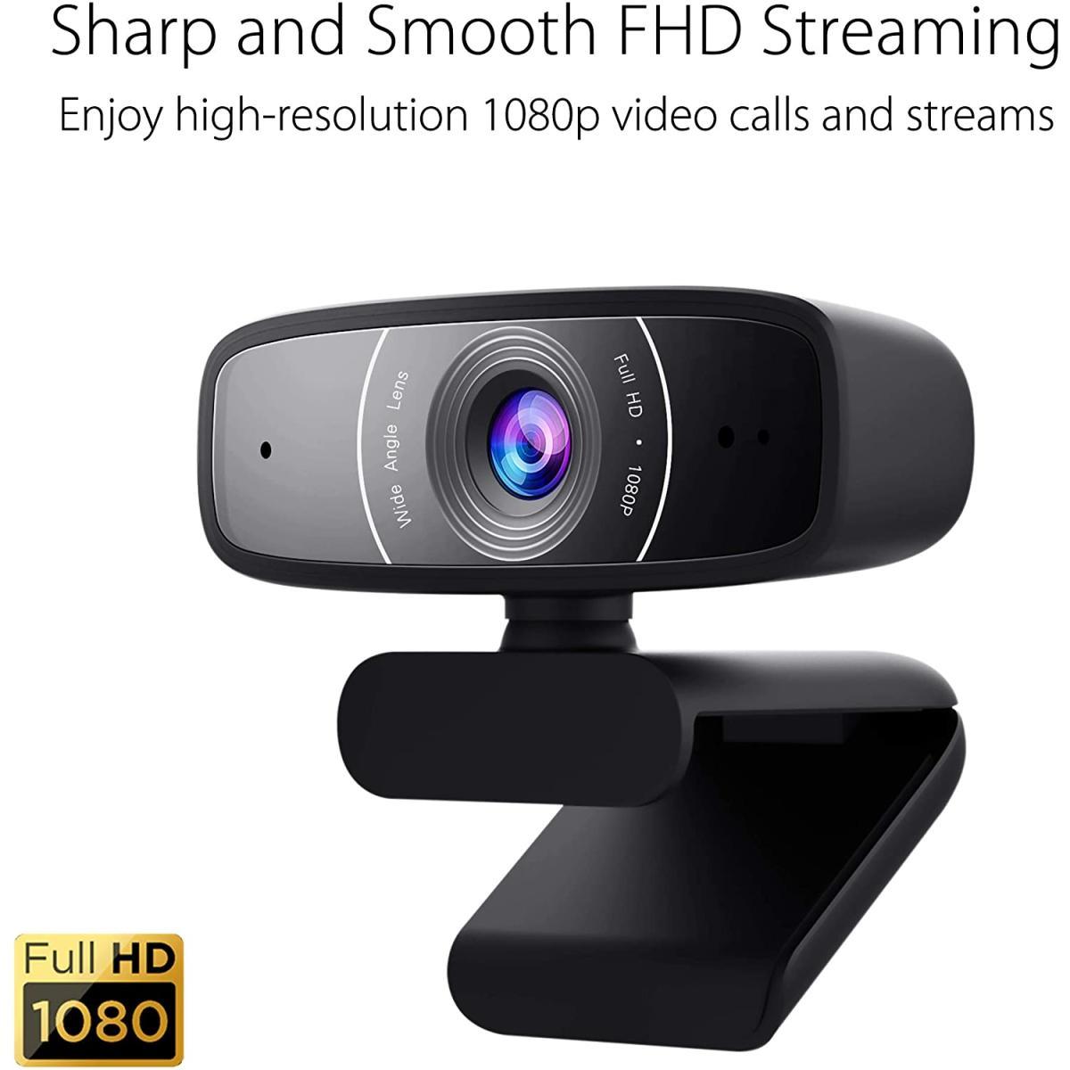 كاميرا ASUS Webcam C3 1080p HD USB - ميكروفون تشكيل الحزمة، قابل للتعديل، دوران 360 درجة، مجال رؤية واسع، متوافق مع Skype وMicrosoft Teams وZoom