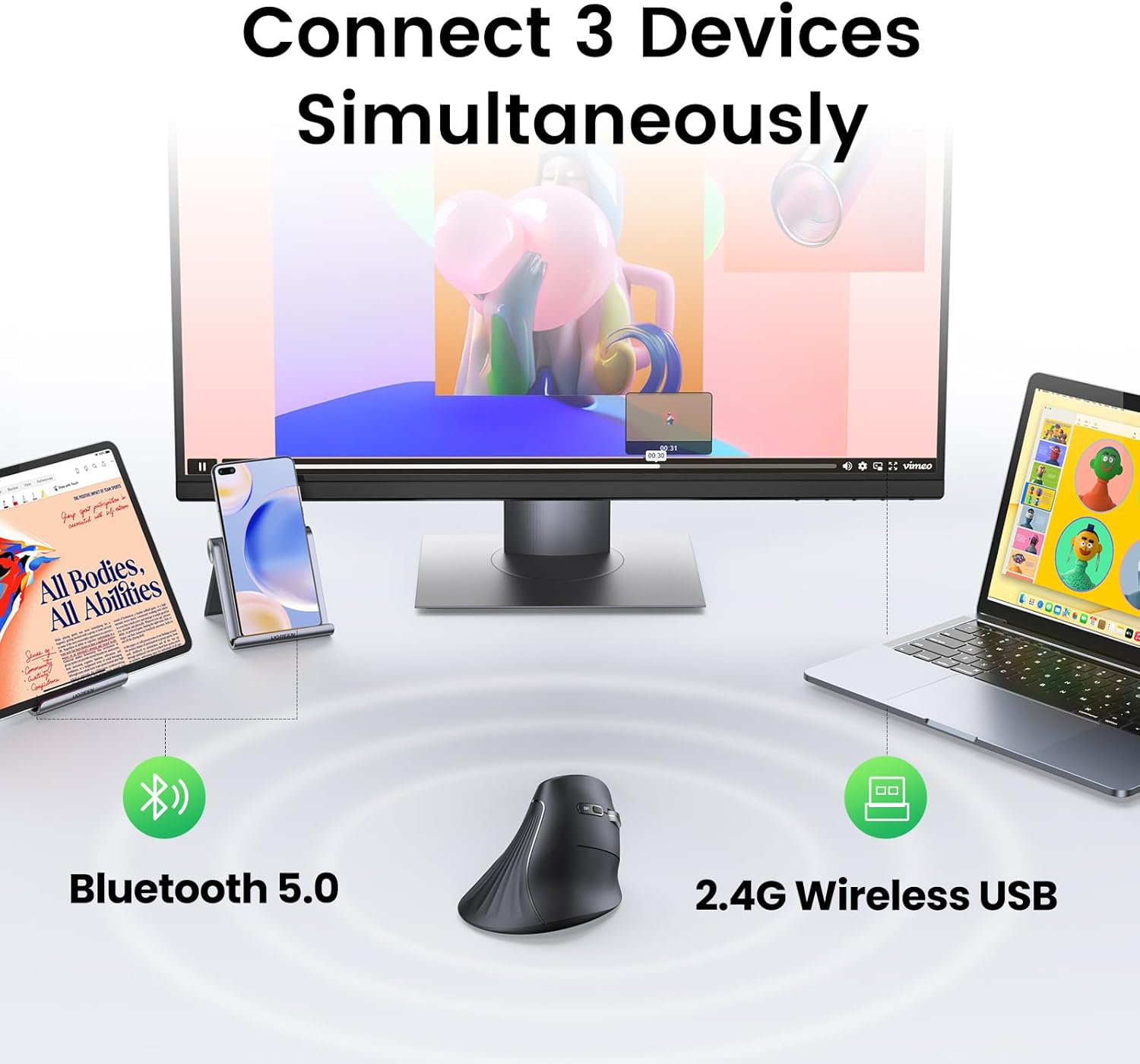 ماوس UGREEN الرأسي اللاسلكي بتصميم مريح ودقة 4000 DPI