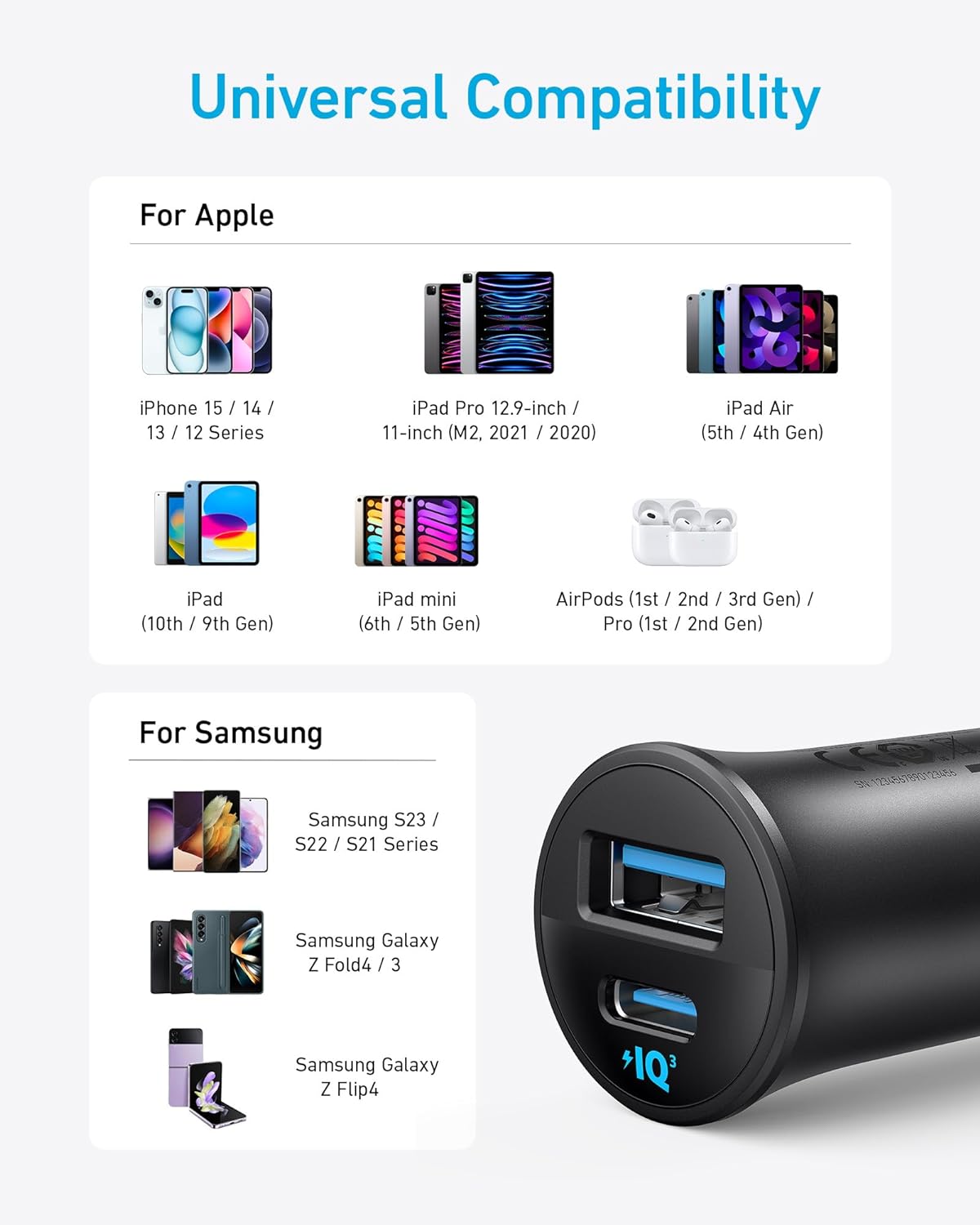 شاحن سيارة يو إس بي سي من أنكر 30 وات شحن مزدوج سريع وآمن - أسود