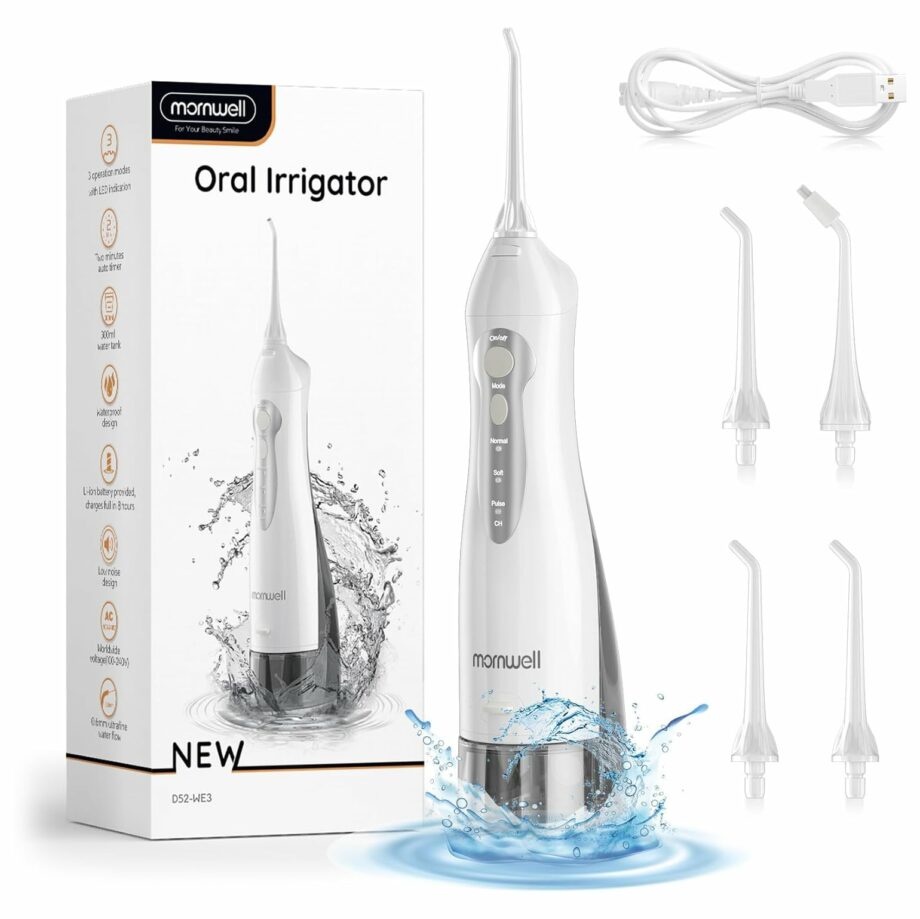 Mornwell Portable 3 Modes 4 Jet Tips IPX7 Waterproof Water Flosser – White