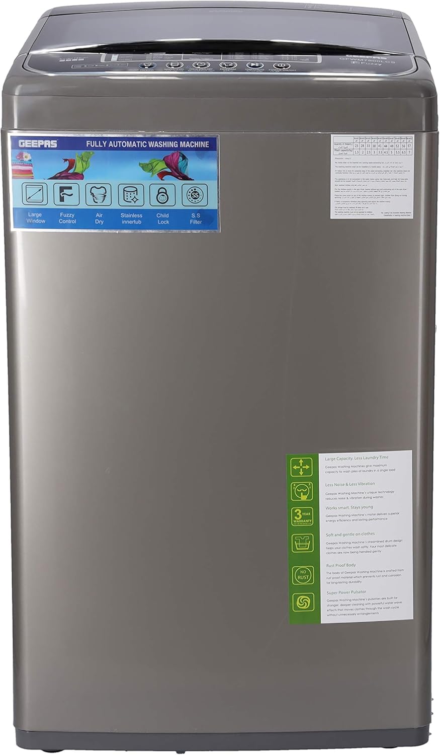 Geepas Fully Automatic Top Load Washing Machine 7KG | Stainless Steel Inner Basket | IMD Controls | Auto Off Memory Power | Auto Balancing | Silver | GFWM7800LCQ