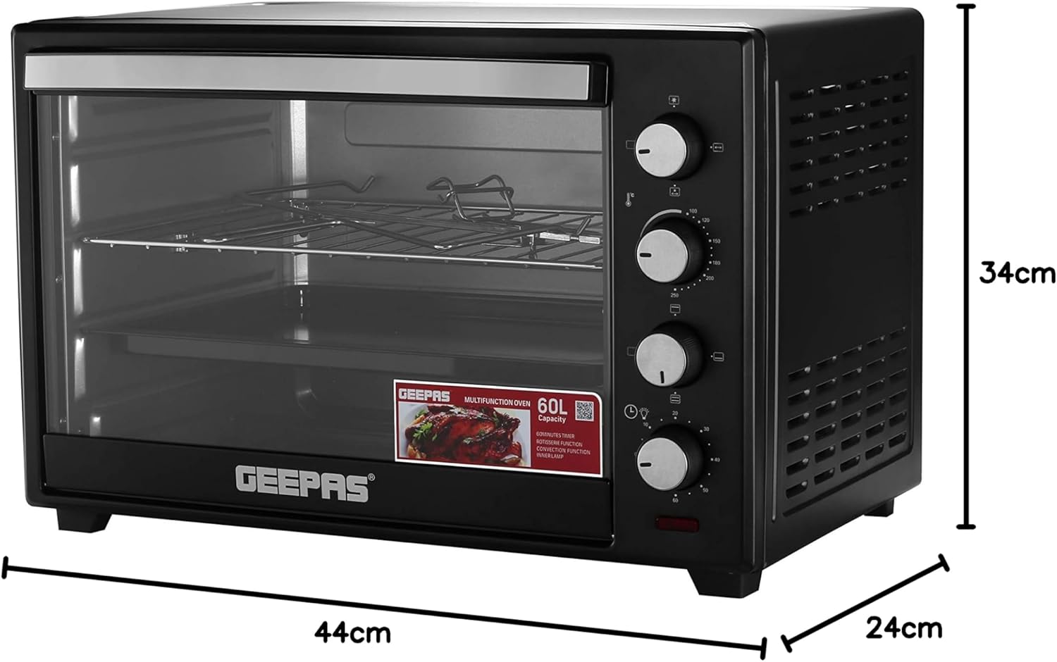 Geepas GO34012 Electric Oven, 60L | 60 Minutes Timer | Inside Lamp | Stainless Steel Heating Elements | Heat Resistant Tempered Window | 2000W Power