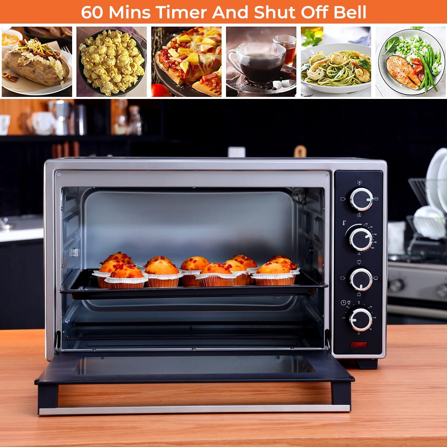 Geepas GO34012 Electric Oven, 60L | 60 Minutes Timer | Inside Lamp | Stainless Steel Heating Elements | Heat Resistant Tempered Window | 2000W Power