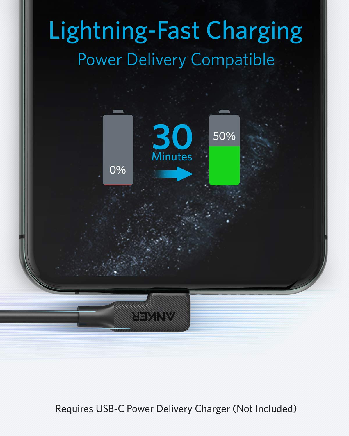 كابل Anker PowerLine C إلى Lightning بزاوية قائمة بطول 6 أقدام - أسود