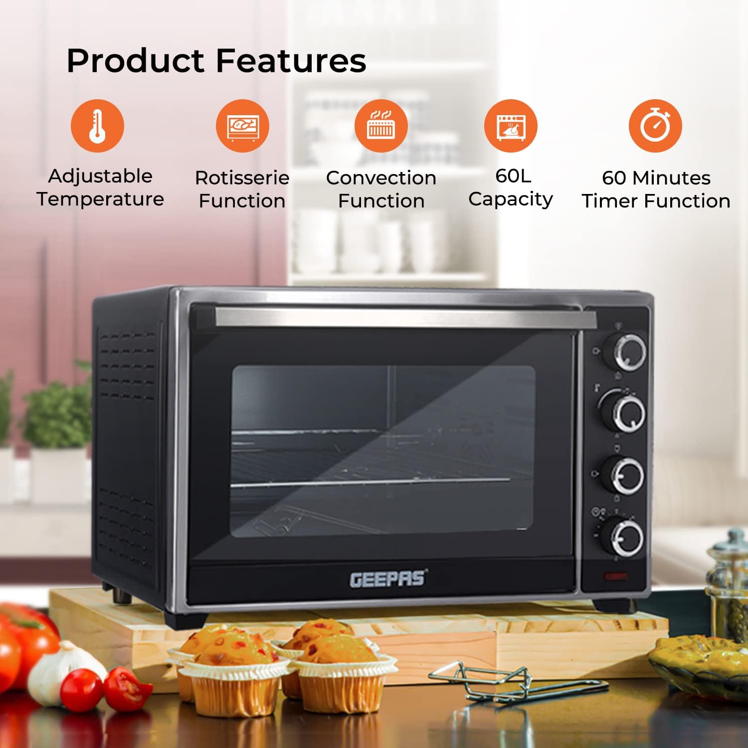 Geepas GO34012 Electric Oven, 60L | 60 Minutes Timer | Inside Lamp | Stainless Steel Heating Elements | Heat Resistant Tempered Window | 2000W Power
