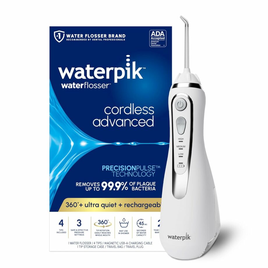 Waterpik فلوسر مائي لاسلكي أبيض مع شنطة و4 رؤوس