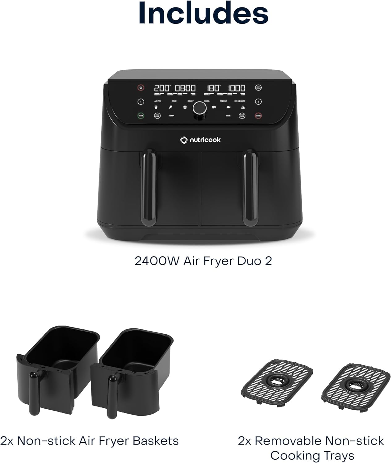 مقلاة هوائية Nutricook Duo 2 بدون رؤية 8.5 لتر / سلتين مستقلتين للتحكم - أسود