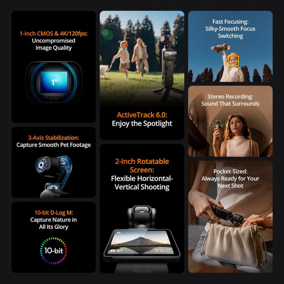 كاميرا دي جي اي اوسمو بوكيت 3 مع مستشعر CMOS مقاس 1 بوصة وفيديو بدقة 4K/120 إطارًا في الثانية وتثبيت ثلاثي المحاور