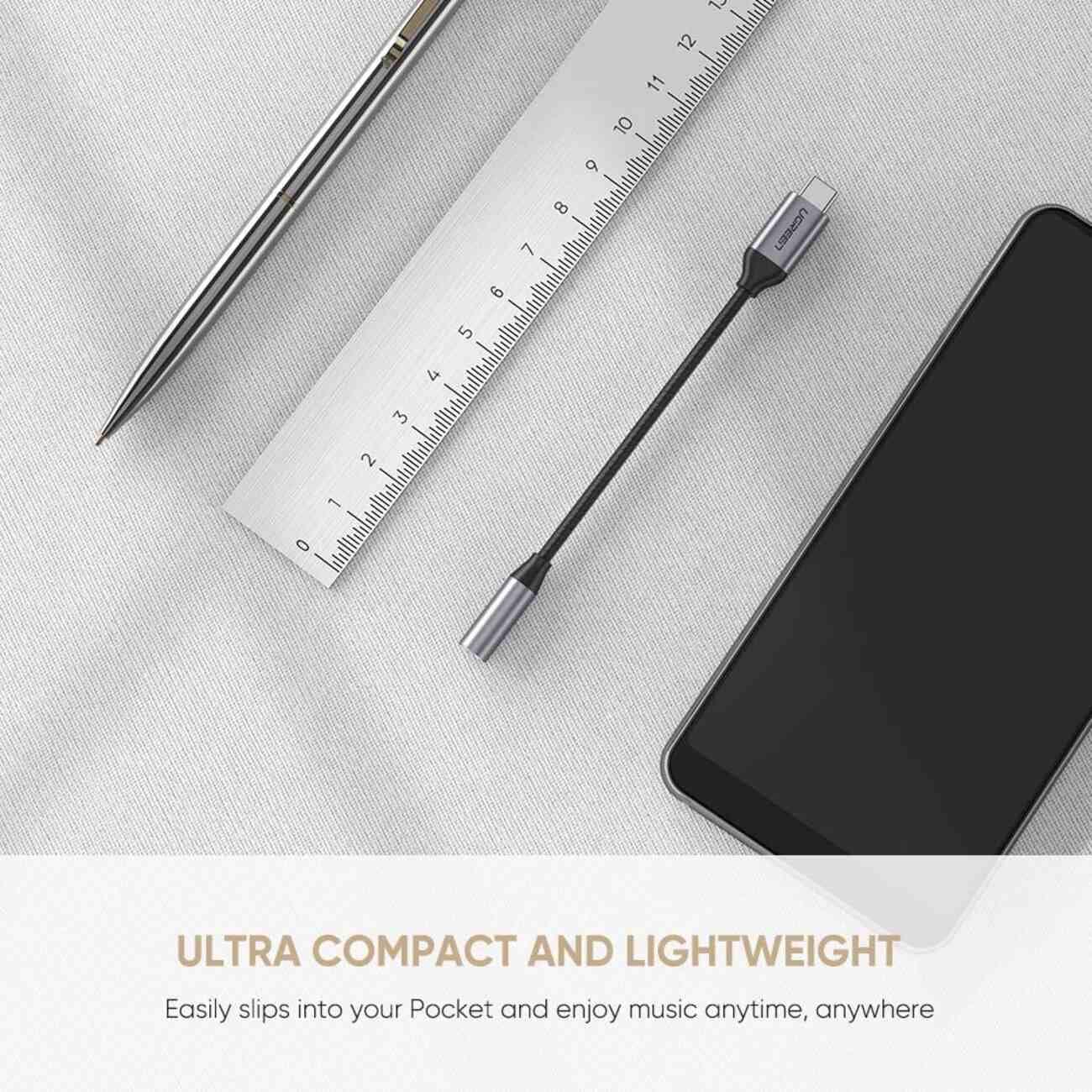 كبل يوجرين USB-C إلى 3.5 ملم طول 10 سم، بغلاف ألومنيوم