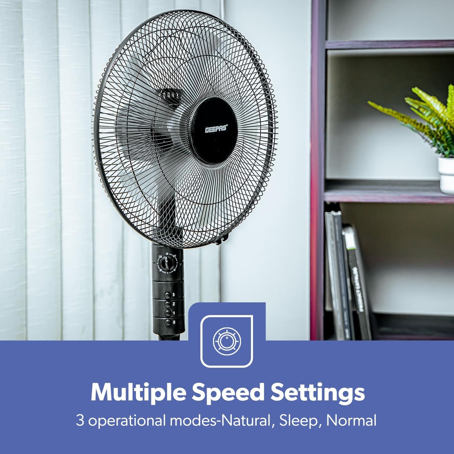 Geepas 16-Inch Stand Fan 3 Speeds Adjustable Height & Timer
