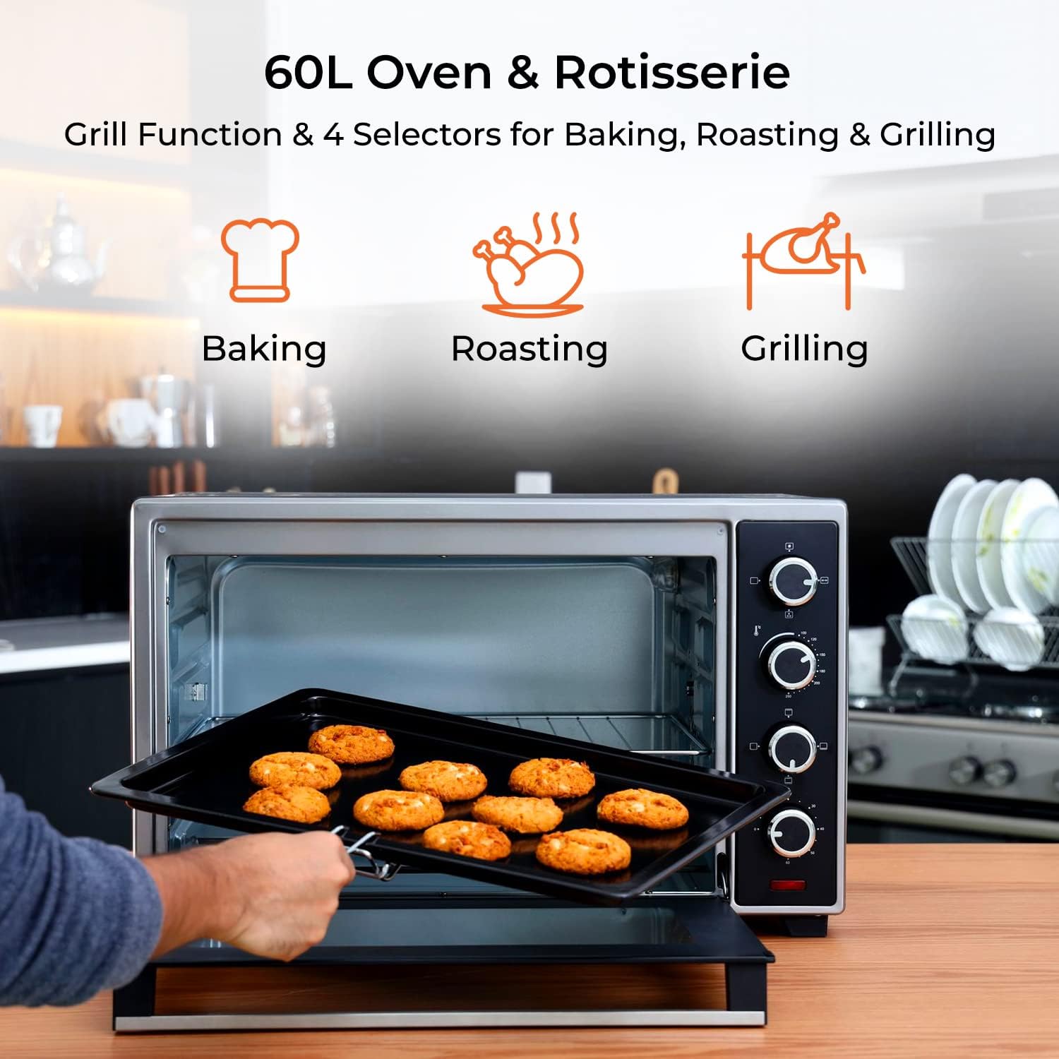 Geepas GO34012 Electric Oven, 60L | 60 Minutes Timer | Inside Lamp | Stainless Steel Heating Elements | Heat Resistant Tempered Window | 2000W Power
