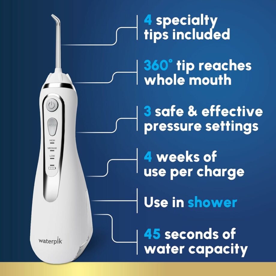 Waterpik فلوسر مائي لاسلكي أبيض مع شنطة و4 رؤوس
