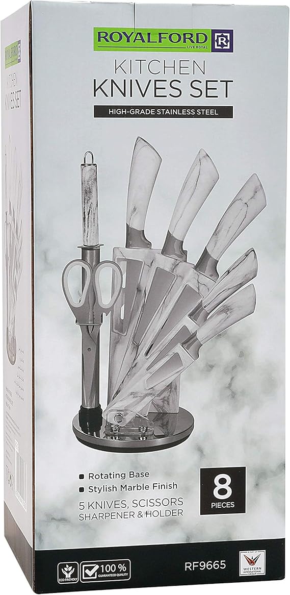 Royalford 8-Piece Knife Set with Rotating Stand – White