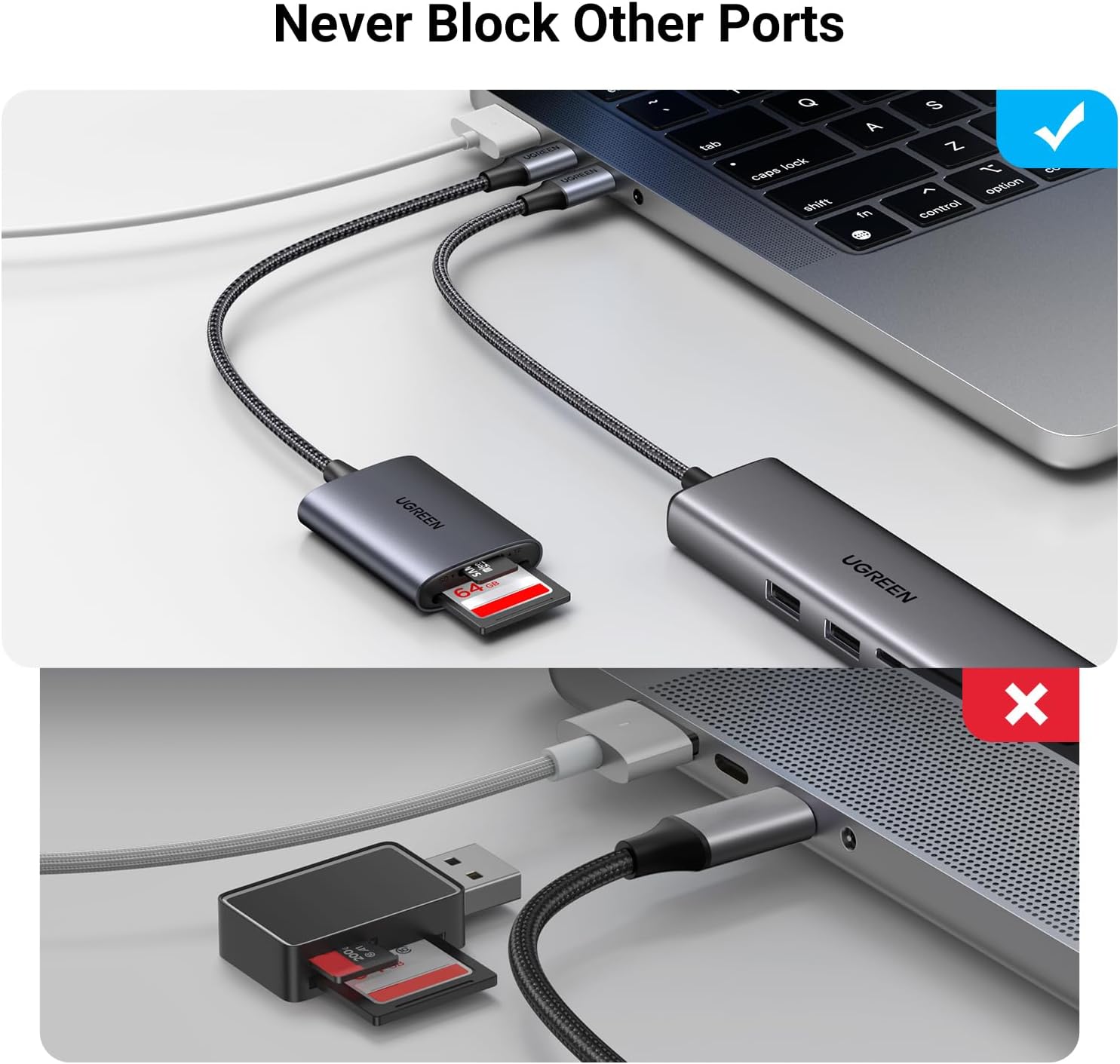UGREEN قارئ كروت USB-C مزدوج – يدعم SD وMicroSD بسرعة 5Gbps