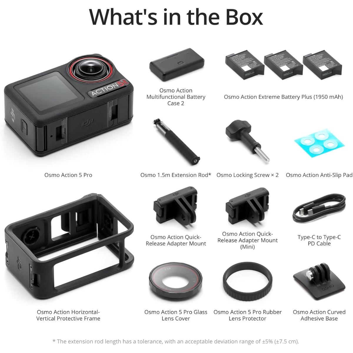 DJI Osmo Action 5 Pro Adventure Combo – 4K Action Camera, 1/1.3" Sensor, 12H Battery, HorizonSteady, Dual OLED + Extension Rod