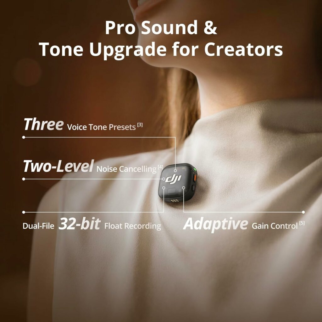 ميكروفون DJI Mic 3 اللاسلكي (جهازان إرسال + جهاز استقبال + علبة شحن) مع تحكم تكيفي في مستوى الصوت
