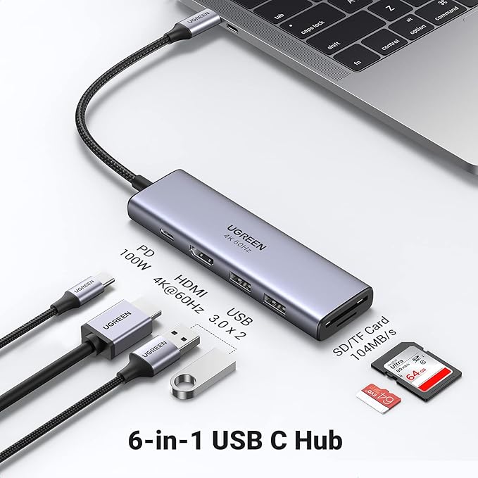 يوجرين 60384: محول USB-C 6 في 1 مع HDMI وPD 100W