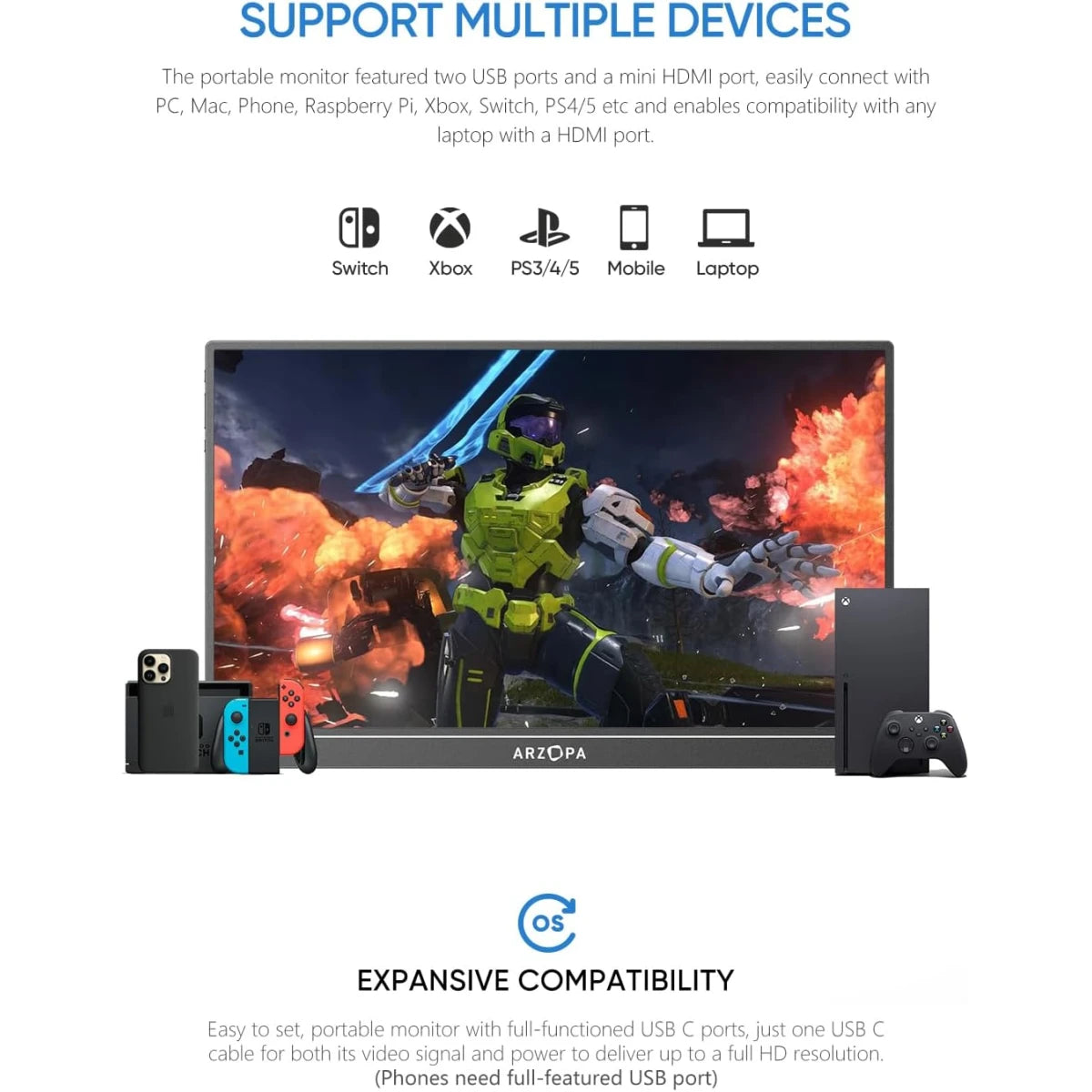 شاشة Arzopa A1 محمولة 15.6" FHD | USB-C & HDMI