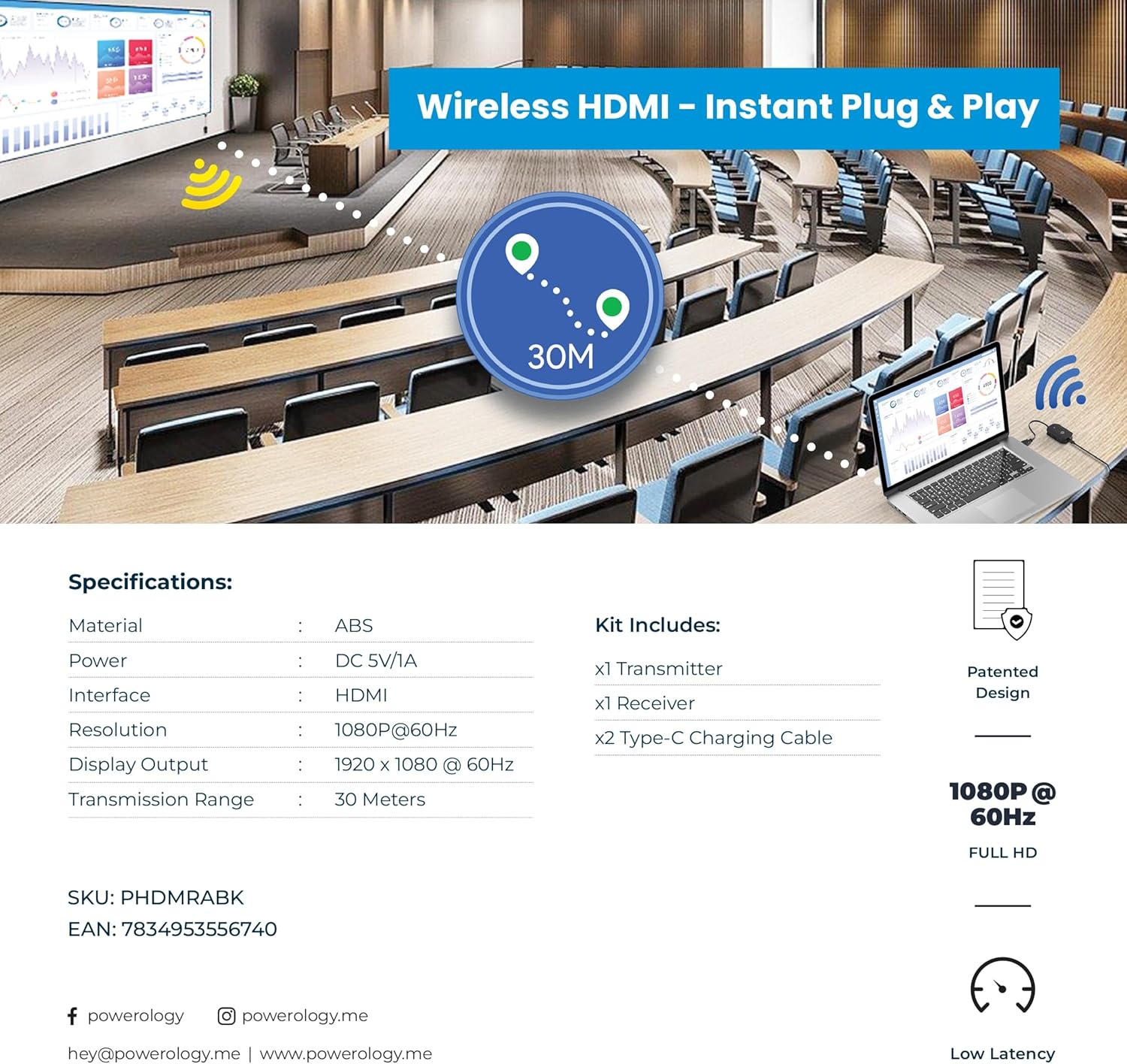 محول انعكاس الشاشة اللاسلكي HDMI من باور لوجي مع كابل USB-C بدقة Full HD 1080P