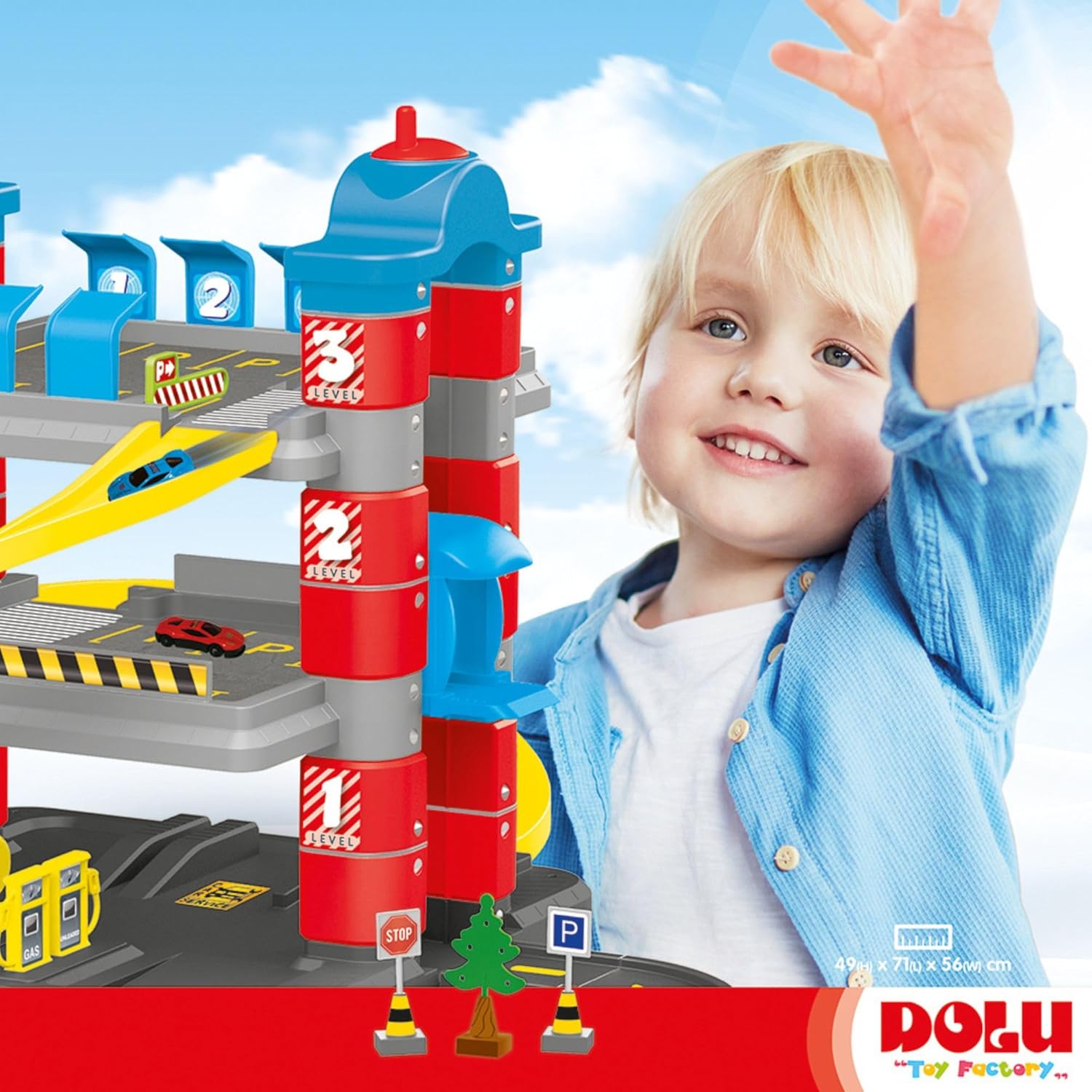 DOLU 3-Level Car Garage Playset with Lift & 2 Diecast Cars
