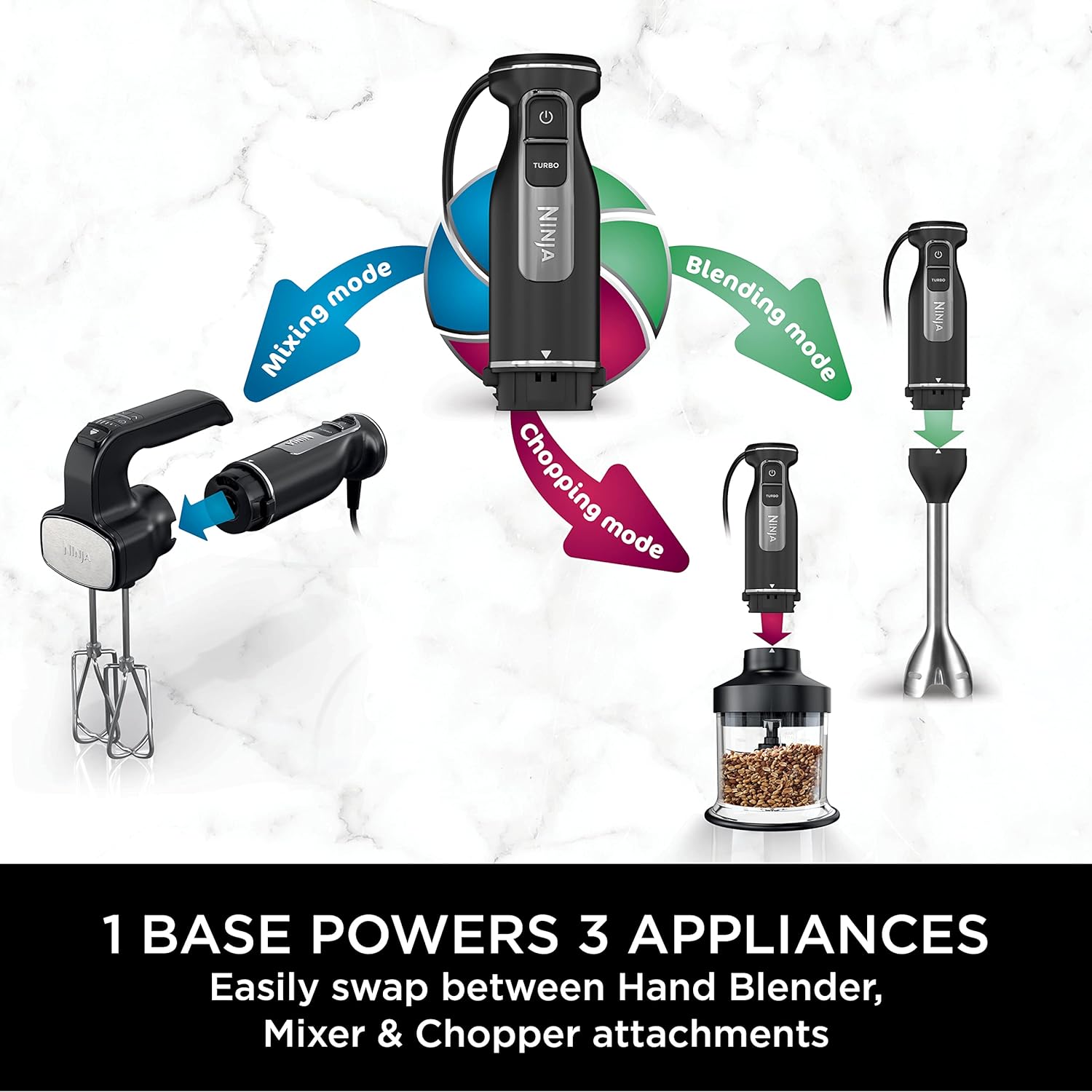 خلاط يدوي نينجا فودي 3 في 1 - 850 واط، 3 ملحقات - أسود