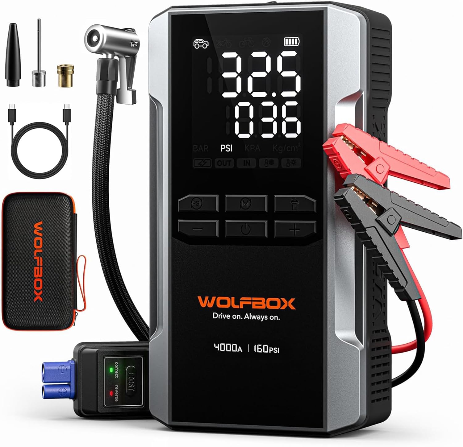 WOLFBOX 4000A Jump Starter with 160PSI Air Compressor & Tire Inflator