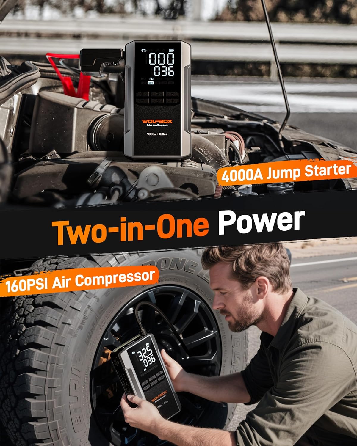 WOLFBOX 4000A Jump Starter with 160PSI Air Compressor & Tire Inflator
