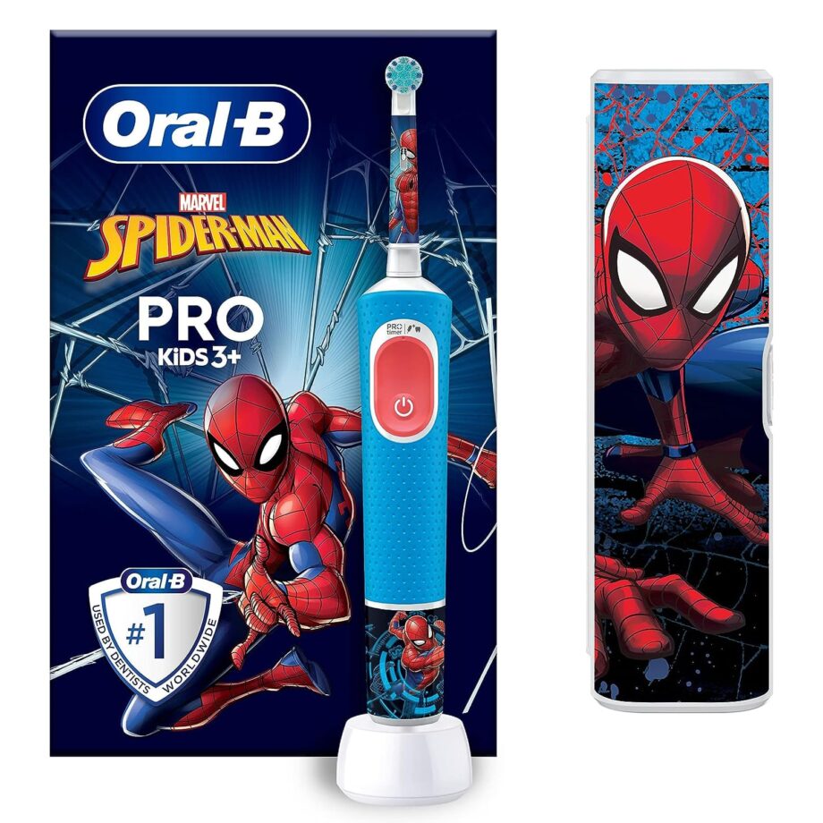 Oral-B by Braun Pro Kids Rechargeable Electric Toothbrush with 4 Spider Man Marvel Themed Stickers & Travel Case