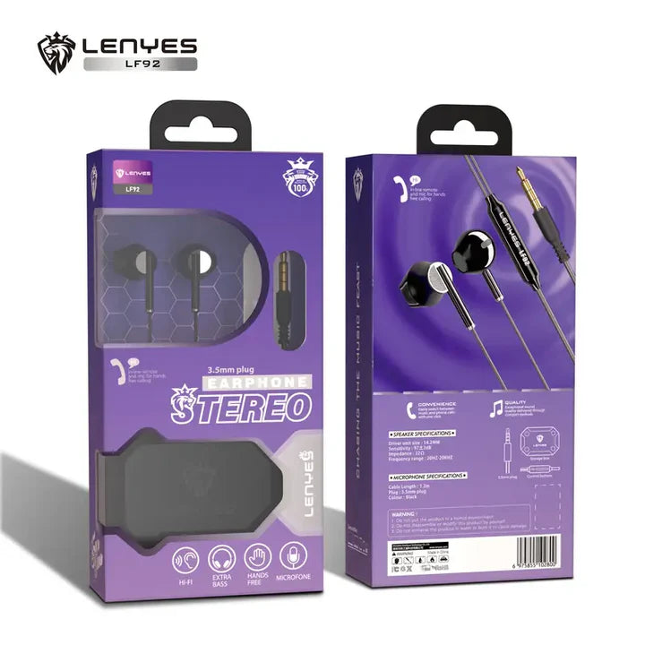 Lenyes LF92 Wired Earphones – Stereo Sound & Comfort
