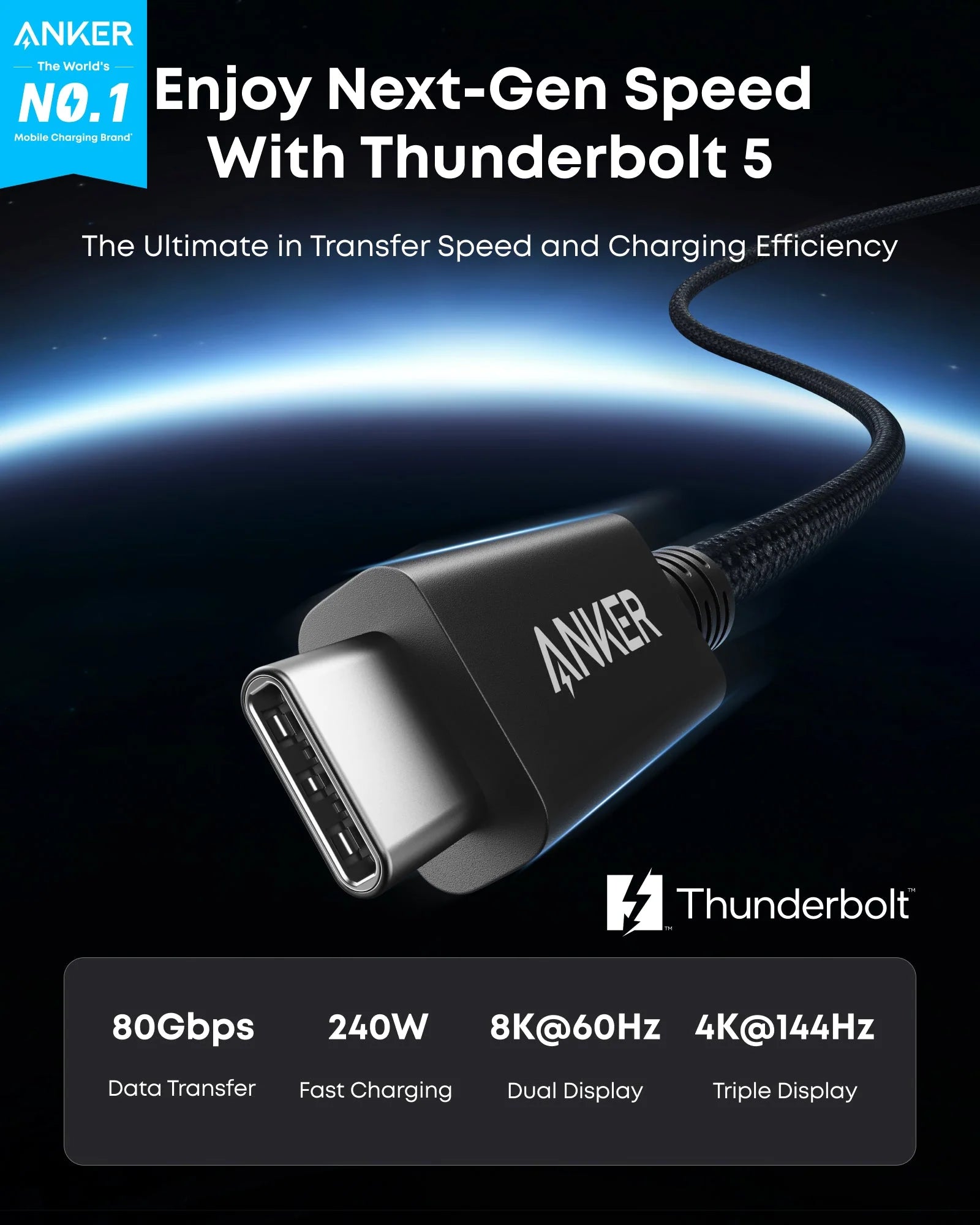 Anker Prime Thunderbolt 5 Cable 1.7ft 80Gbps 240W – Black
