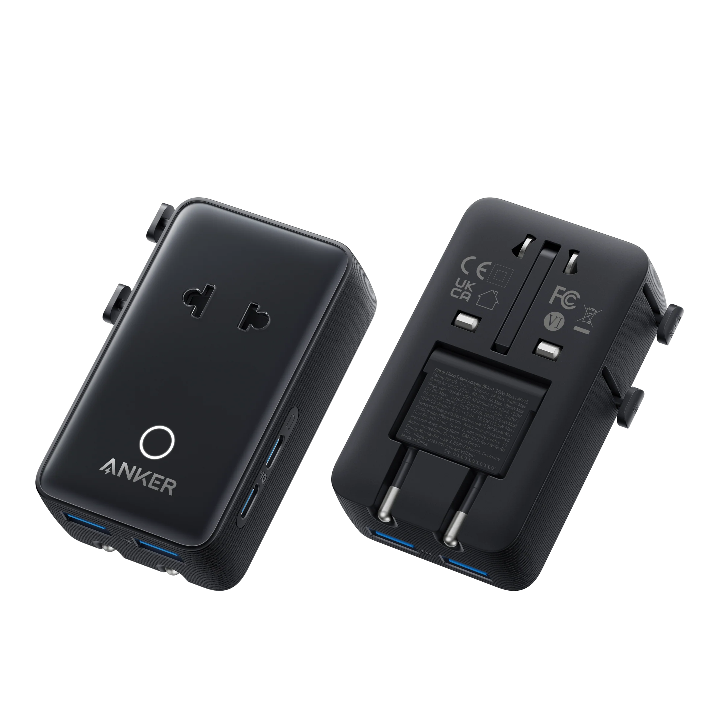 Anker Nano Travel Adapter (5-in-1, 20W) – Universal Plugs, 2× USB-A, 2× USB-C