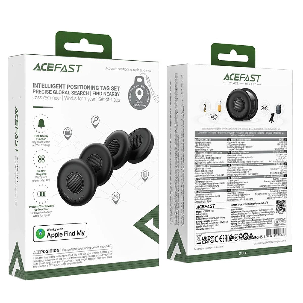 ACEFAST S1 Smart Tag GPS Tracker – Apple Find My | MFi Certified | 12-Month Battery | Anti-Loss | Keys & Bag Locator