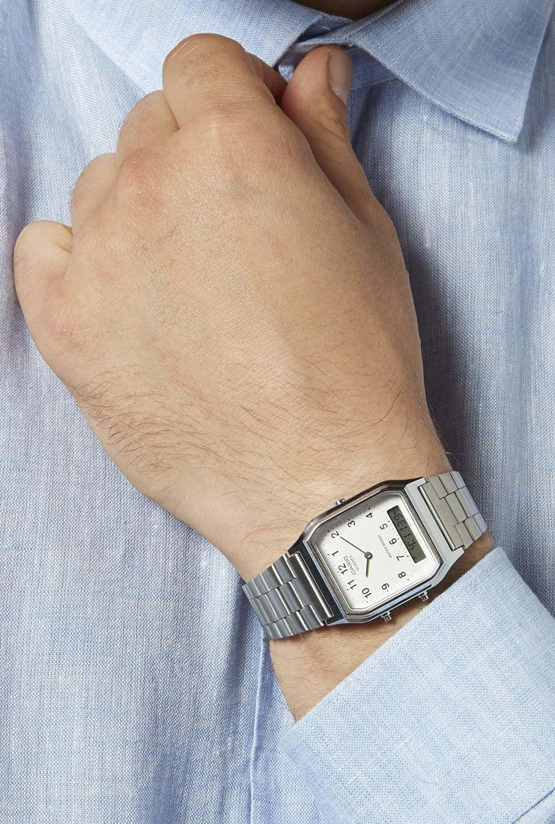 Casio AQ-230A-7B Vintage Series Analog Digital White Dial Stainless Steel Watch
