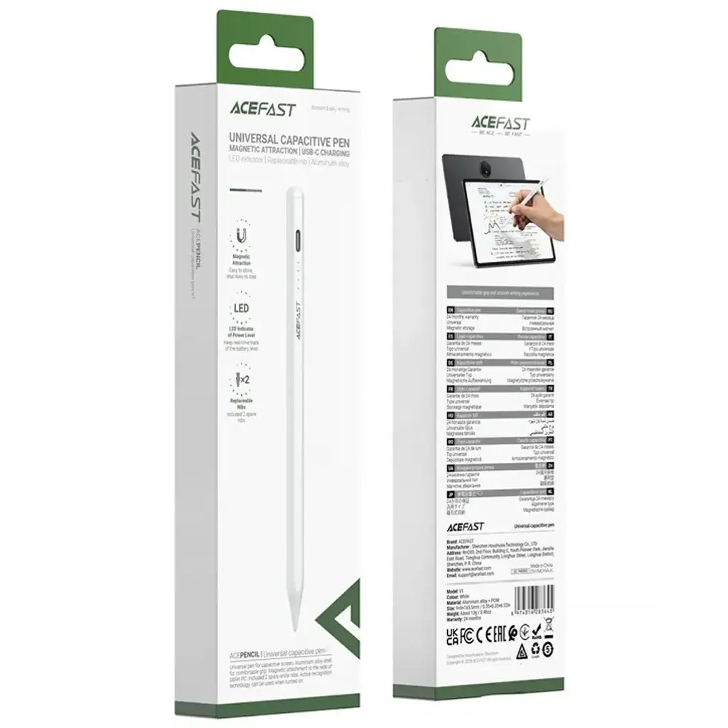 ACEFAST V2 Stylus Capacitive Pen for iPad – Active Recognition, Magnetic, USB-C Charging (White)