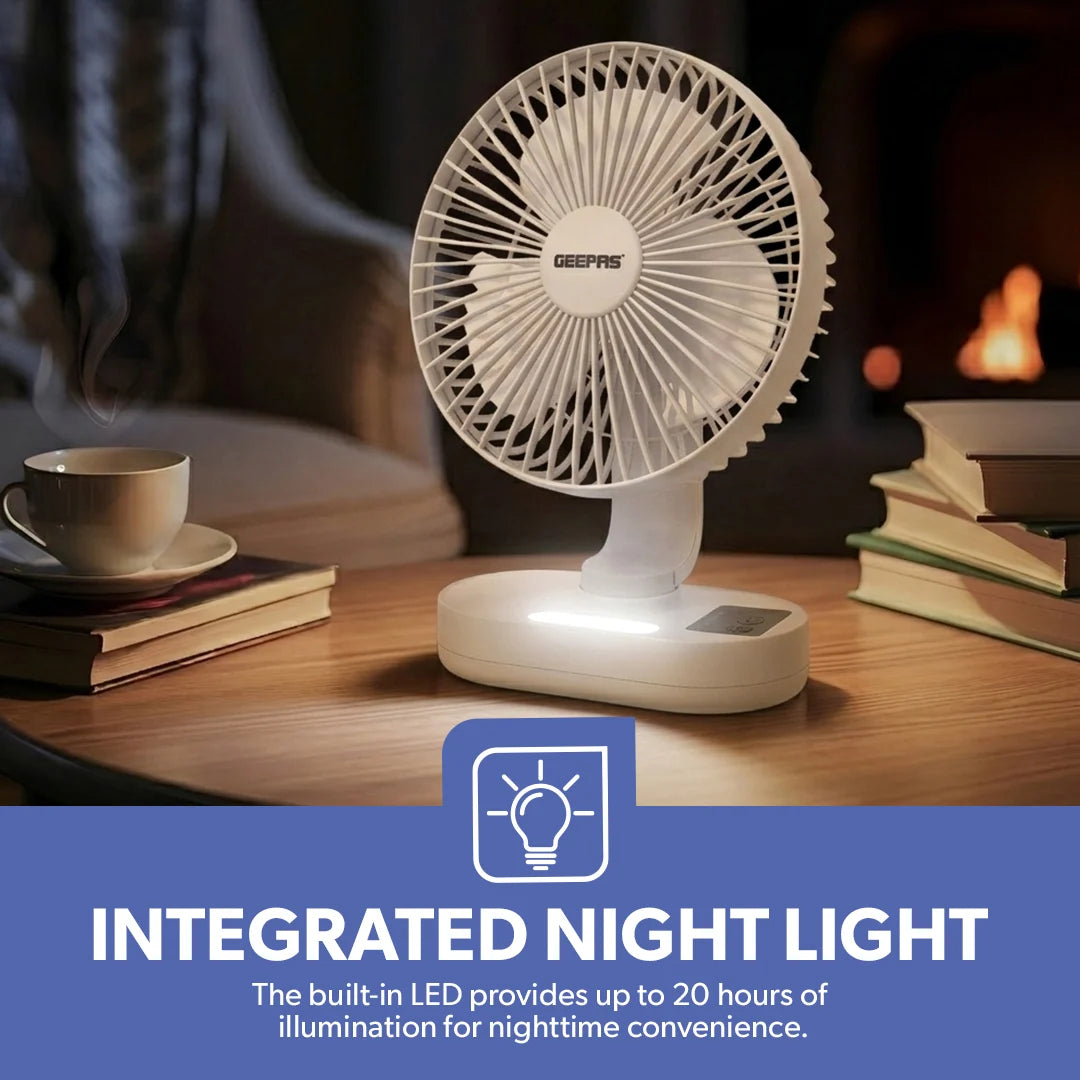 Geepas 8" Rechargeable Fan with LED Night Light, 9H Runtime, 3 Speeds, White GF21157