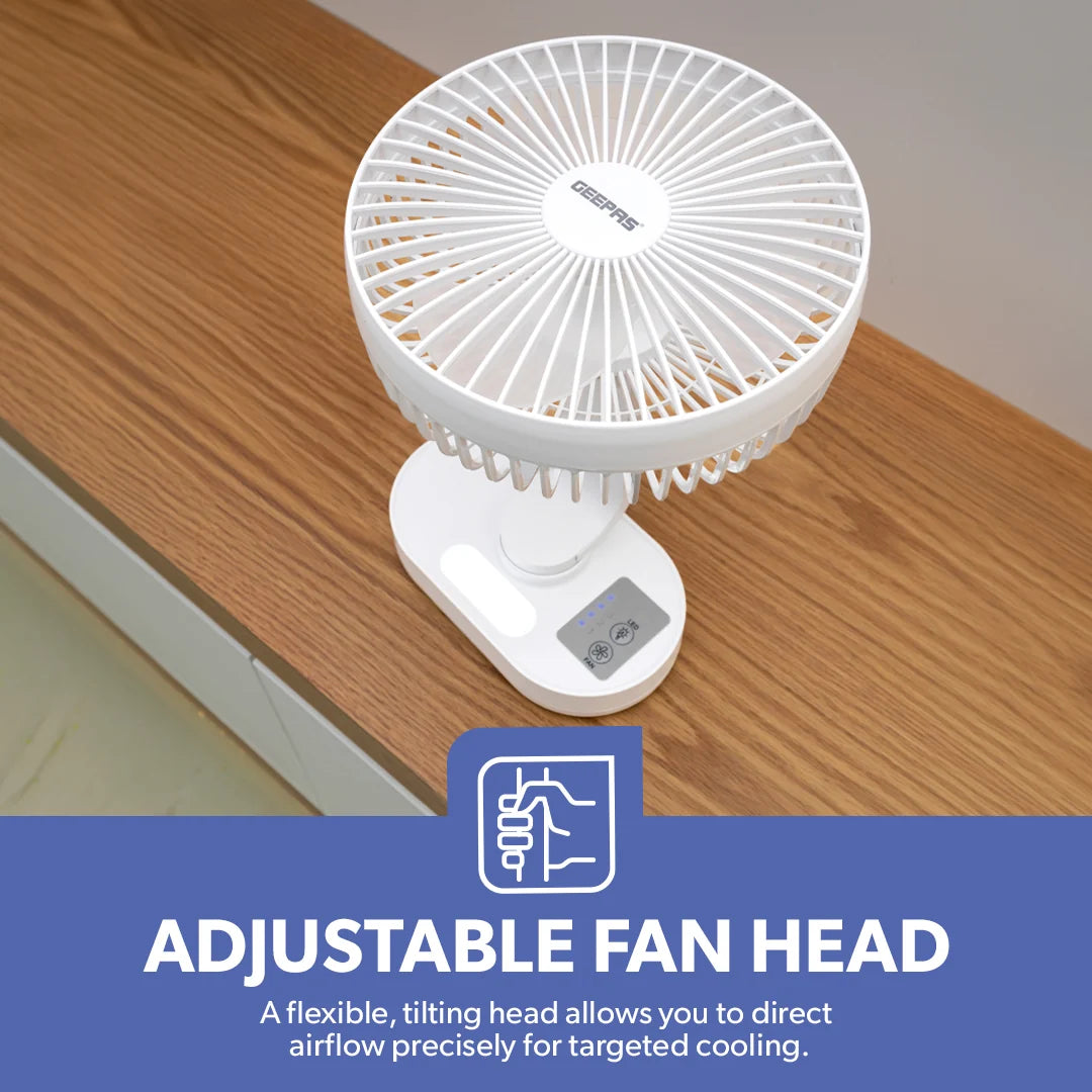 Geepas 8" Rechargeable Fan with LED Night Light, 9H Runtime, 3 Speeds, White GF21157