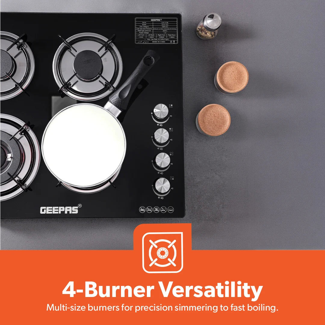 Geepas 4-Burner Tempered Glass Gas Hob, 6.51kW, Auto Ignition, Black GK4410