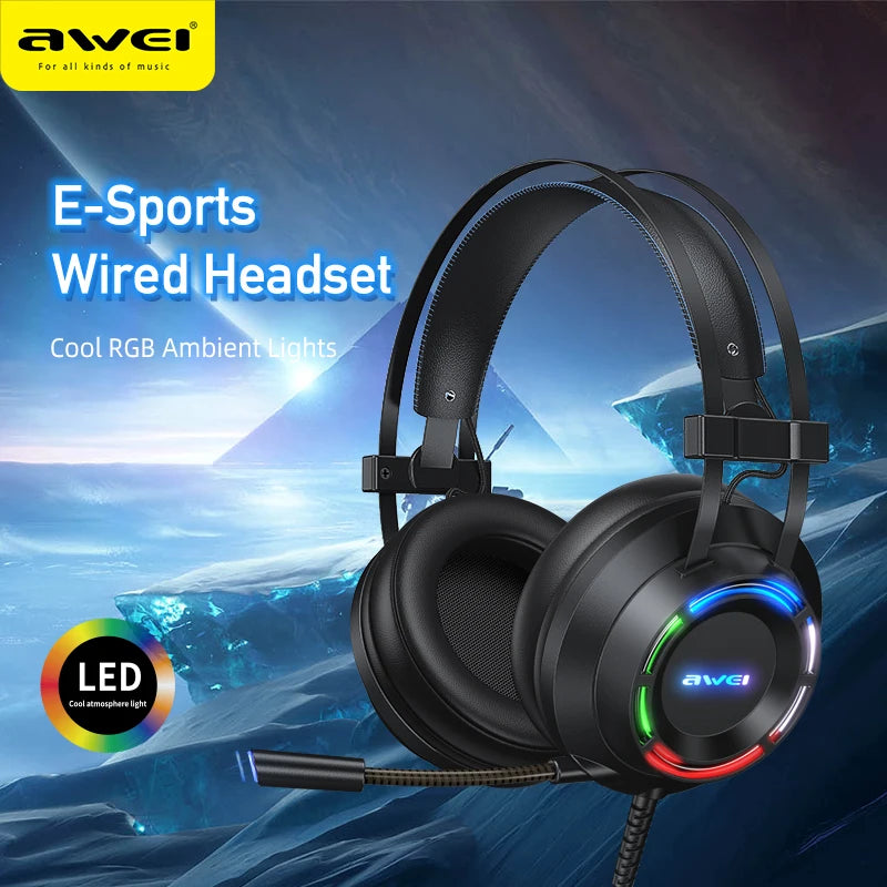 Awei USB + 3.5mm Ambient Light Gaming Wired Headset with Microphone - Black