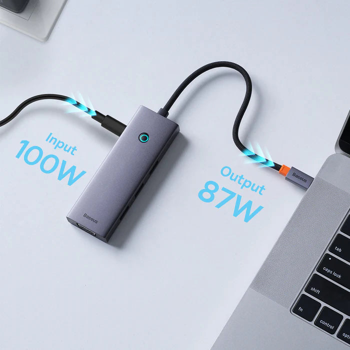 موزع عرض ثلاثي المنافذ من سلسلة بورتال جوي من باسيوس مزود بـ 7 منافذ باللون الرمادي الفضائي