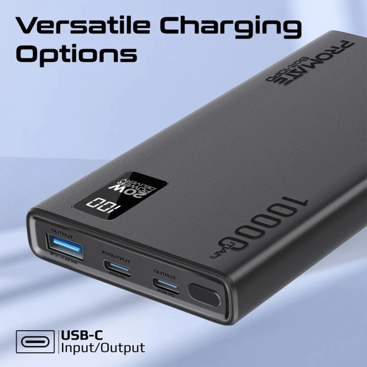 بنك الطاقة بروميت بولت-10PD فائق النحافة بسعة 10000 مللي أمبير وقوة 20 واط ومنفذ USB-C مع شاشة LED