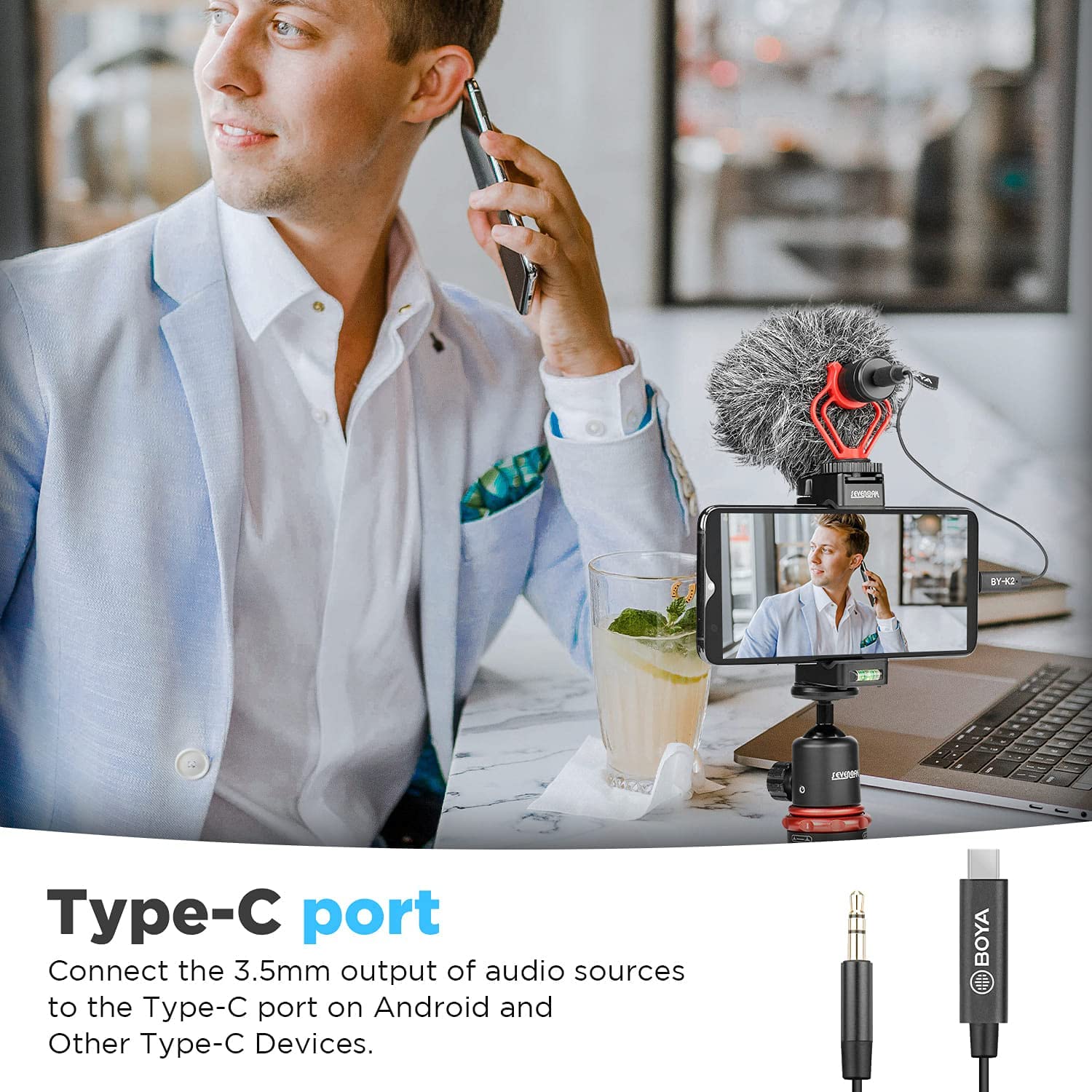 كابل محول صوت BOYA 3.5 مم TRS ذكر إلى Type-C ذكر (7.8 بوصة) - أسود