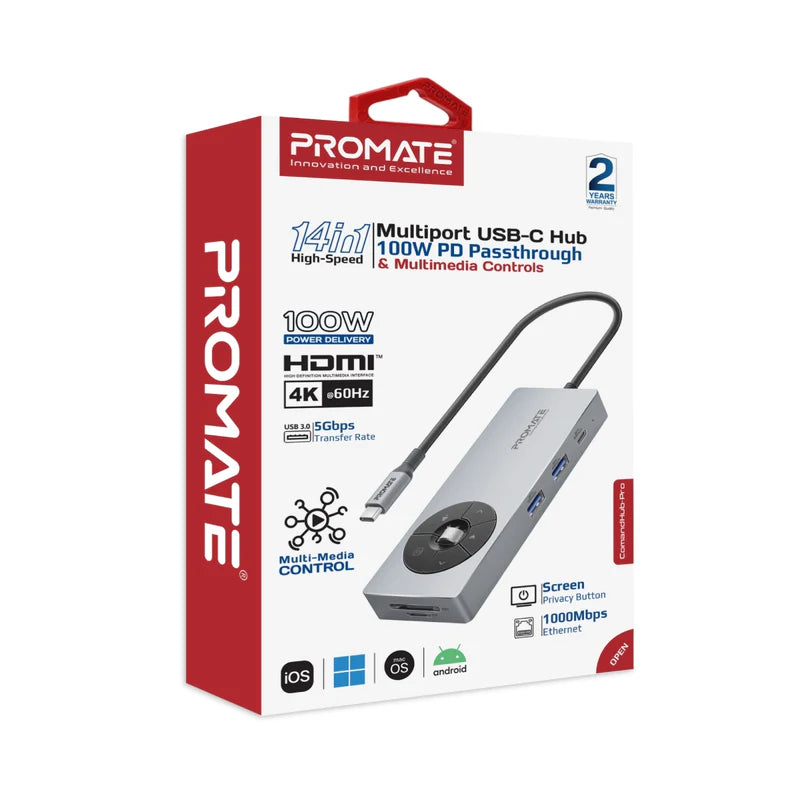 Promate ComandHub-Pro 14-in-1 Highspeed Multiport USB-C Hub with 100W PD Passthrough & Multimedia Controls